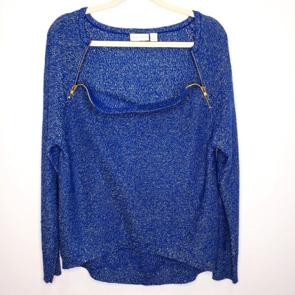 Bisou Bisou Michele Bonbot Zippered Hi Low Blue and Gold Sweater Medium - Picture 3 of 8